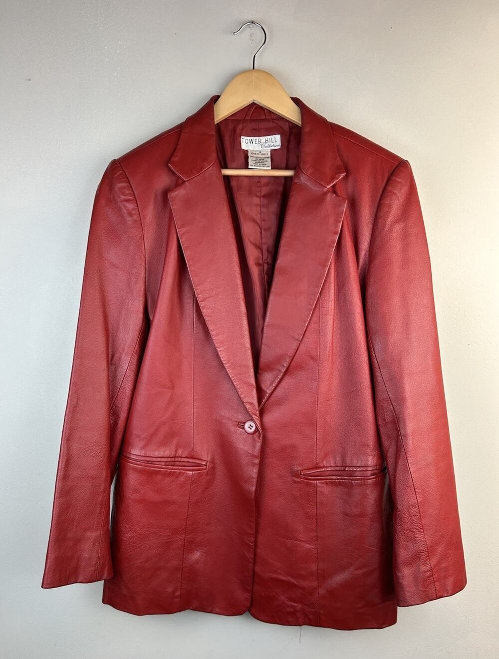 VTG Red Oily Leather Blazer Jacket Womens Sz 12 Pig Nappa Chic Glam Lined